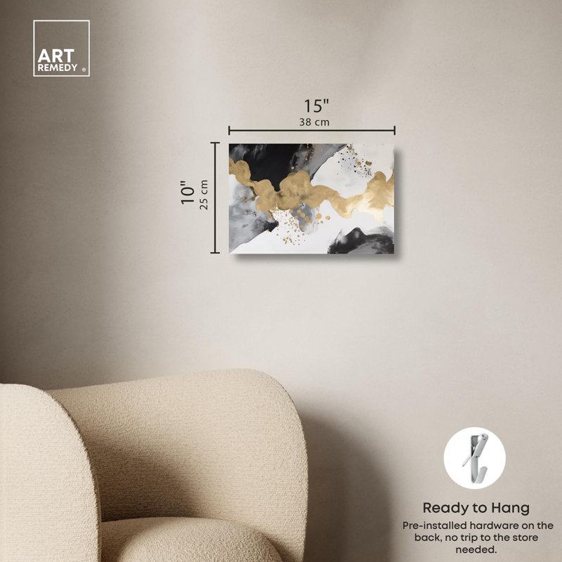 Golden Liquid Black and White Abstract Canvas Art, 15" x 10"