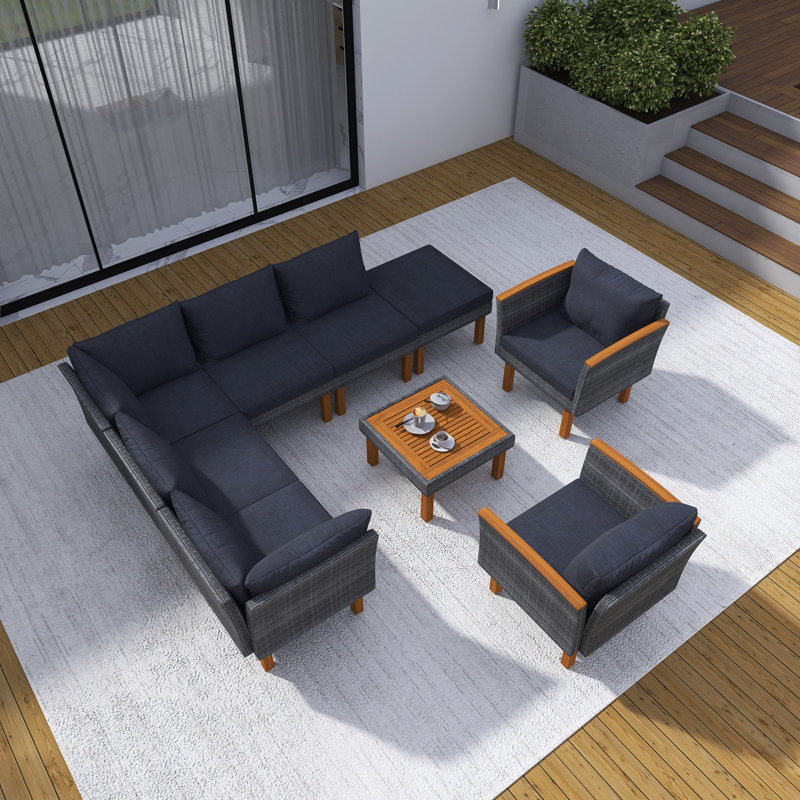 Ensemble de canapé modulaire en osier 9 pièces 9 pièces avec table basse, Gris