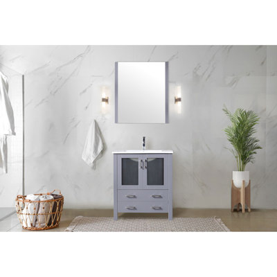 Dark Grey 30 In. Bath Vanity With 18.25 D, White Ceramic Surface, Single - Hole Stainless Steel Faucet, And 28 Mirror Wide Bathroom Counter, Wall Hung