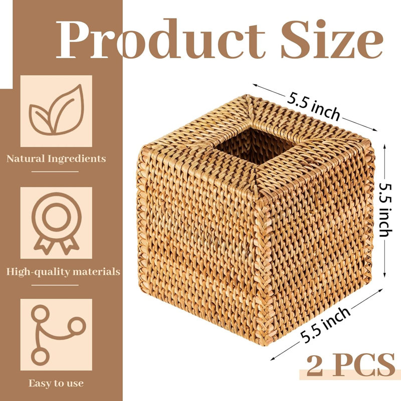 2 Pcs Square Rattan Tissue Box Cover,Wood