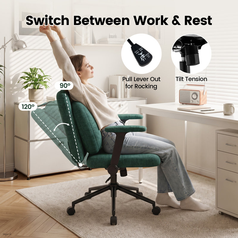 Chaise de bureau pivotante en chenille avec hauteur d'assise réglable et coussin amovible et réversible, Green
