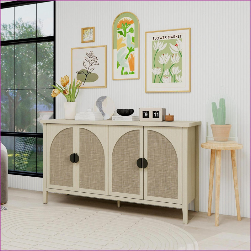 Armoires, rotin à 4 portes avec tablettes réglables | Scandinave | Beige