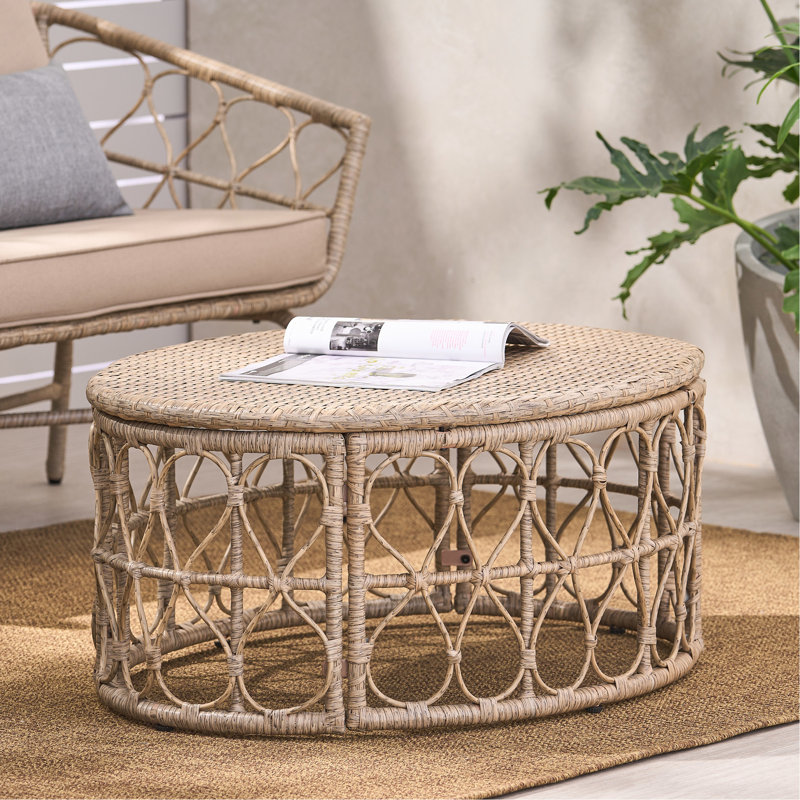 Table basse d'extérieur, tissé, P 24,48 po x l 32,29 po, H 15,07 po, brun, capacité de charge maximale de 225 lb, plateau tissé charmant, aspect terre, brun