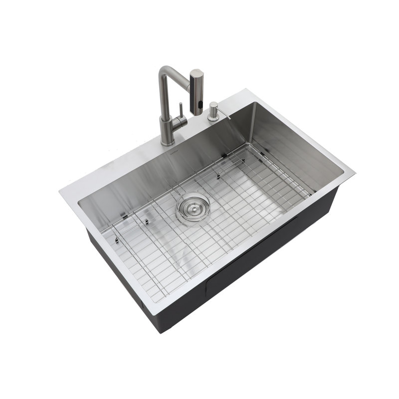 Évier de cuisine encastré en acier inoxydable à une cuve avec robinet extractible, H 30 po x L 22 po x l 10 po