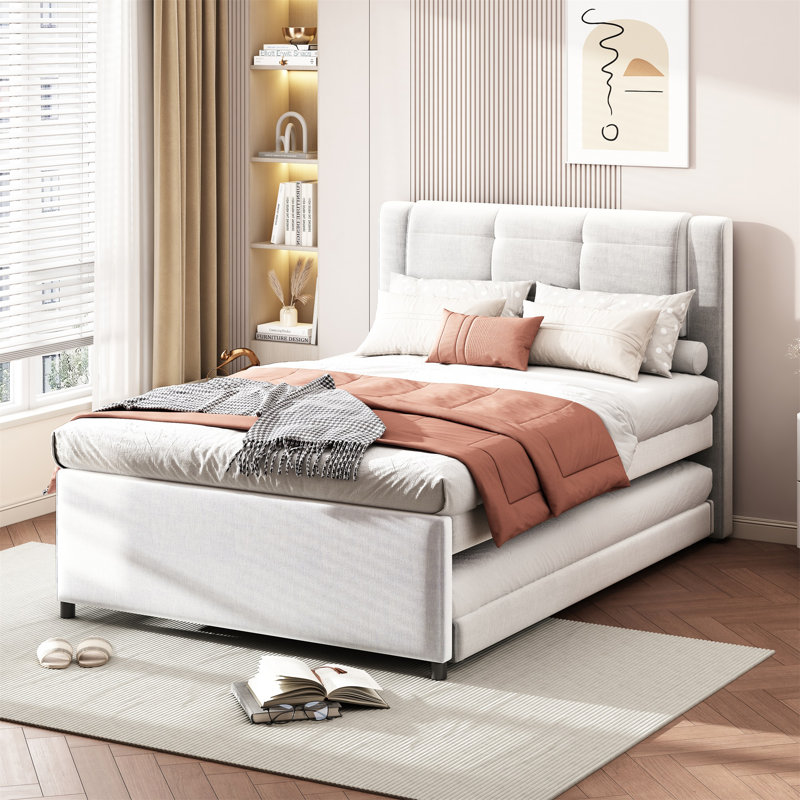 Lit tapissier beige avec lit gigogne escamotable, Beige