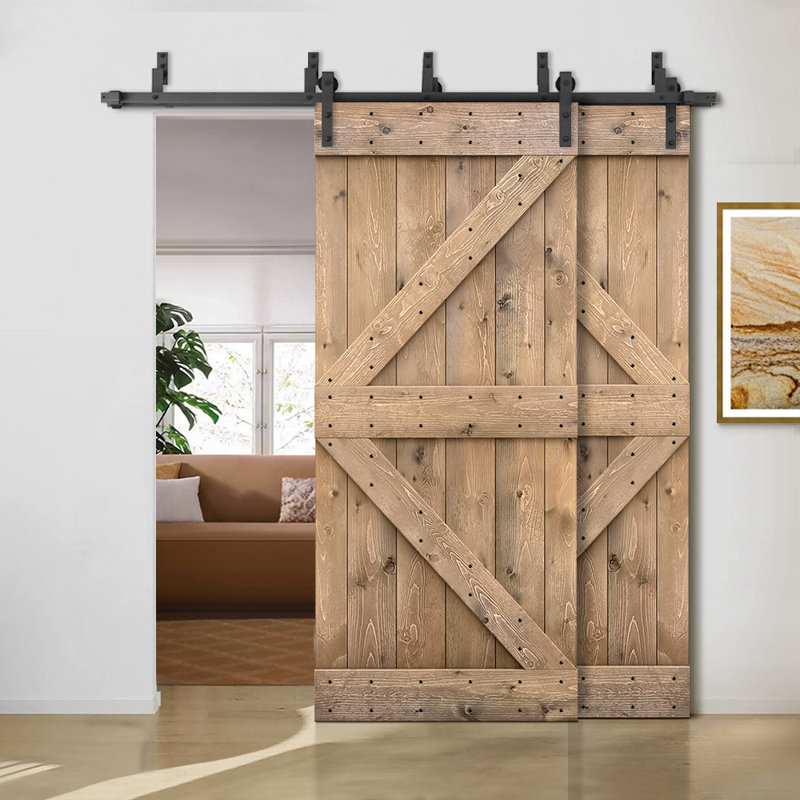 Porte de grange à panneaux et en bois avec quincaillerie d'installation, Brun clair, 96 po x 84 po