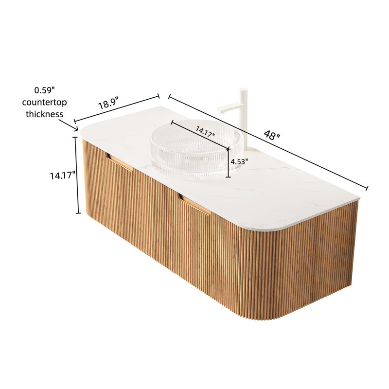 Meuble-lavabo suspendu de 122 cm (48 po) avec lavabo en verre cristal blanc, armoire de rangement, 2 tiroirs, préassemblé