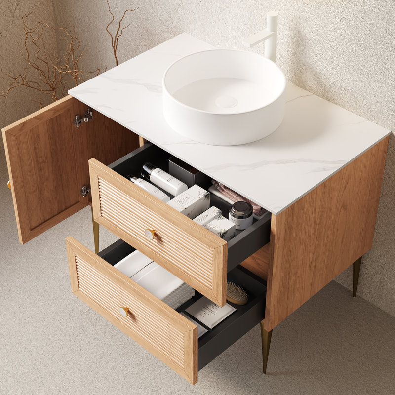 Meuble-lavabo autoportant avec lavabo vasque en céramique et rangement