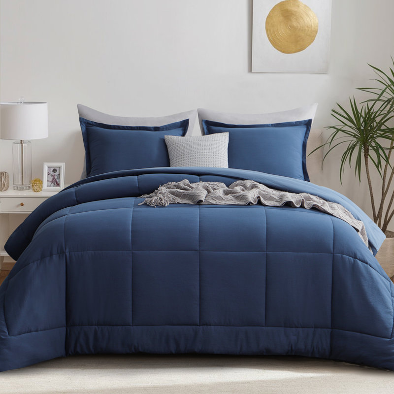 Prewashed Microfiber Reversible Comforter Set, Blue, Twin Comforter + 1 Standard Pillow Sham