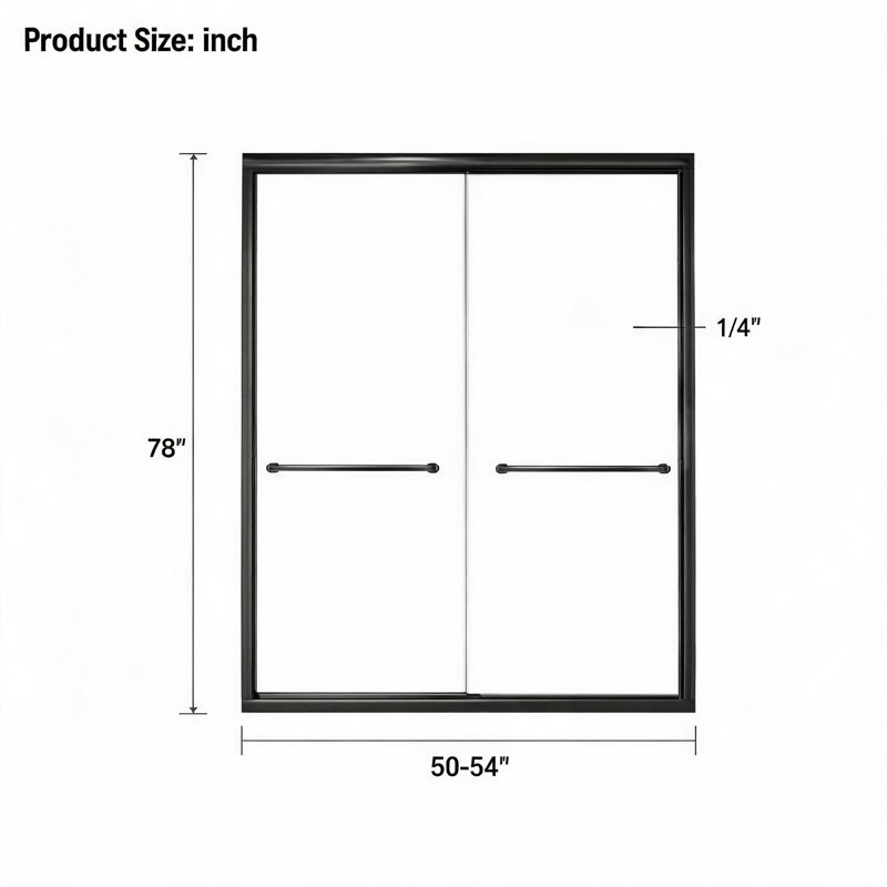 Porte de douche coulissante double, cadre en aluminium noir mat, verre trempé transparent et revêtement nano, de 50 à 54 pouces.