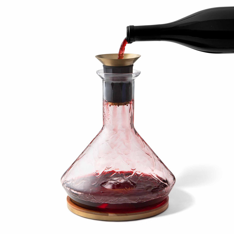 Clear Glass Wine Decanter with Gold Accents and Wood Coaster