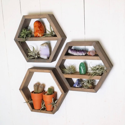 6 Piece Hexagon Solid Wood Floating Shelf with Adjustable Shelves