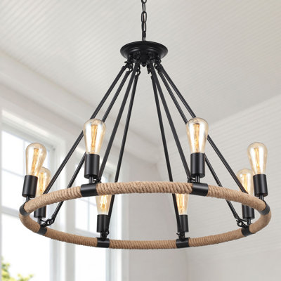  Orris 8 - Light 30"W Dimmable Farmhouse Rope Kitchen Island Wagon Wheel Chandelier