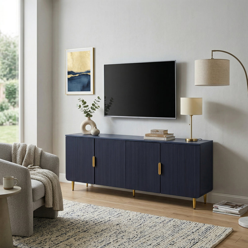 64.8" Navy Blue Fluted TV Stand with Gold Handles, Modern Media Console with Storage for TVs up to 75", Blue/Gold