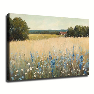 Vintage Country Meadow With Blue Wildflowers And Distant Farmhouse Oil Painting, Large Gallery Wrapped Canvas Wall Art Print For Living Room Bedroom