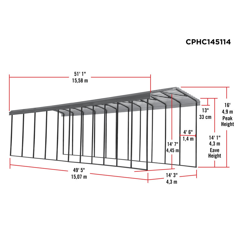 Galvanized Steel Rv Carport, 14X51X14, Charcoal