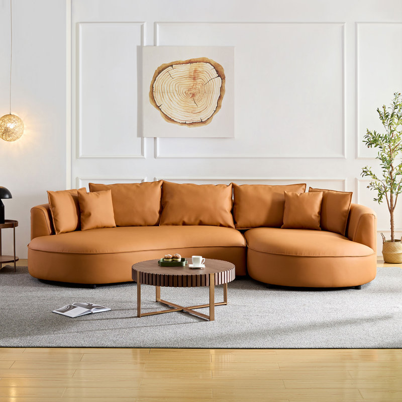 Faux Leather Curved Sectional Sofa, Right Hand Facing, Orange Faux Leather