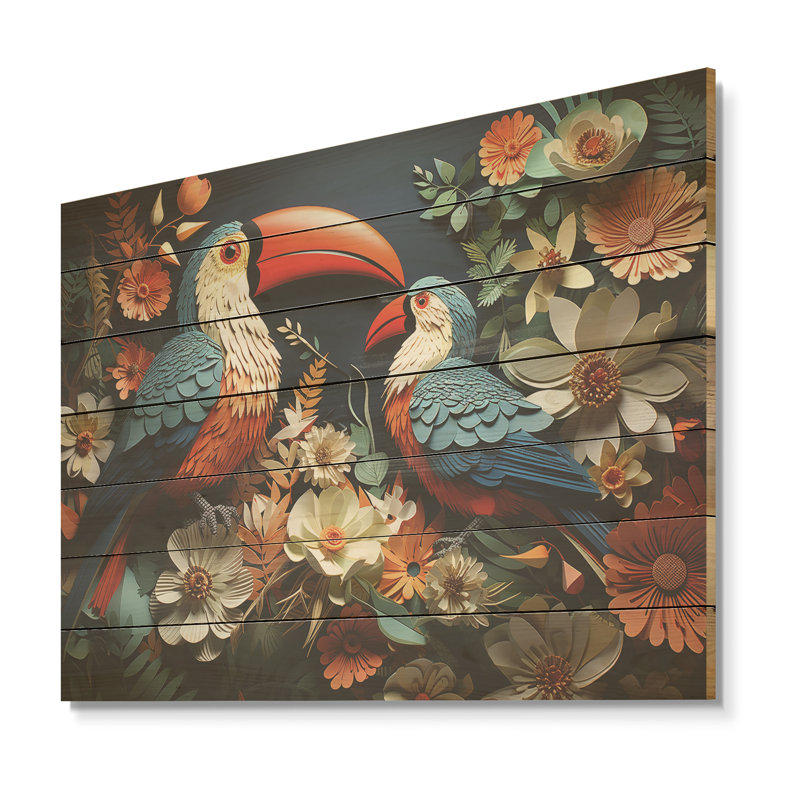 «Blue and Pink Tropics» Toucan Collage II - animal toucan sur bois, H 24 po x l 32 po