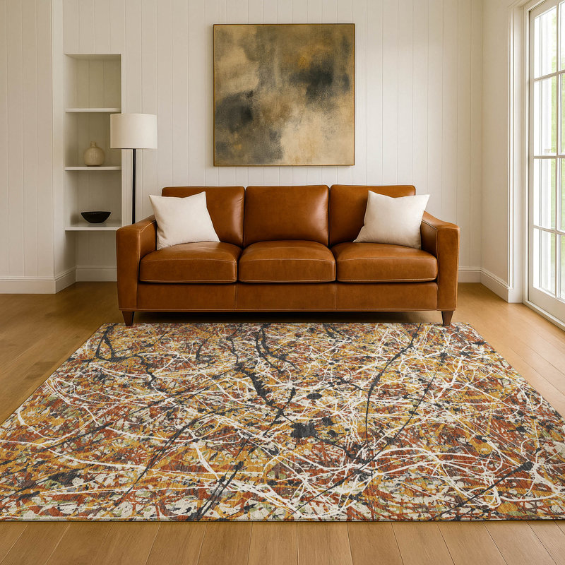 Tapis abstrait lavable à la machine de qualité supérieure Mayfield AMF2389, Doré, 10 pi x 14 pi