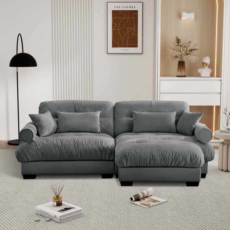 Over Size Modern Upholstered Sofa With Ottoman, Gray Velvet