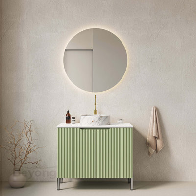 Meuble-lavabo de salle de bain 30 po avec lavabo, meuble de rangement autoportant avec 2 portes, lavabo rond en céramique blanc avec motif de pierre et comptoir blanc de Carrare, sans robinet, couleur vert clair