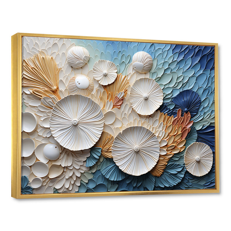 Coastal Seashell Tranquility I - coquillage sur toile, art mural, Cadre flottant doré, H 12 po x l 20 po x P 1 po