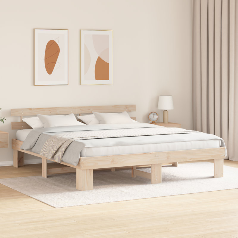 Vidaxl Bed Frame With Headboard Solid Pine Wood, Natural, European Kingsize (160 x 200 cm)