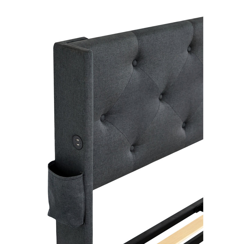 Base de lit pleine grandeur avec rangement relevable, tête de lit à oreilles moderne, ports, revêtement en lin gris foncé, rembourrage en mousse, aucun sommier requis avec vérin à gaz, tête de lit à oreilles