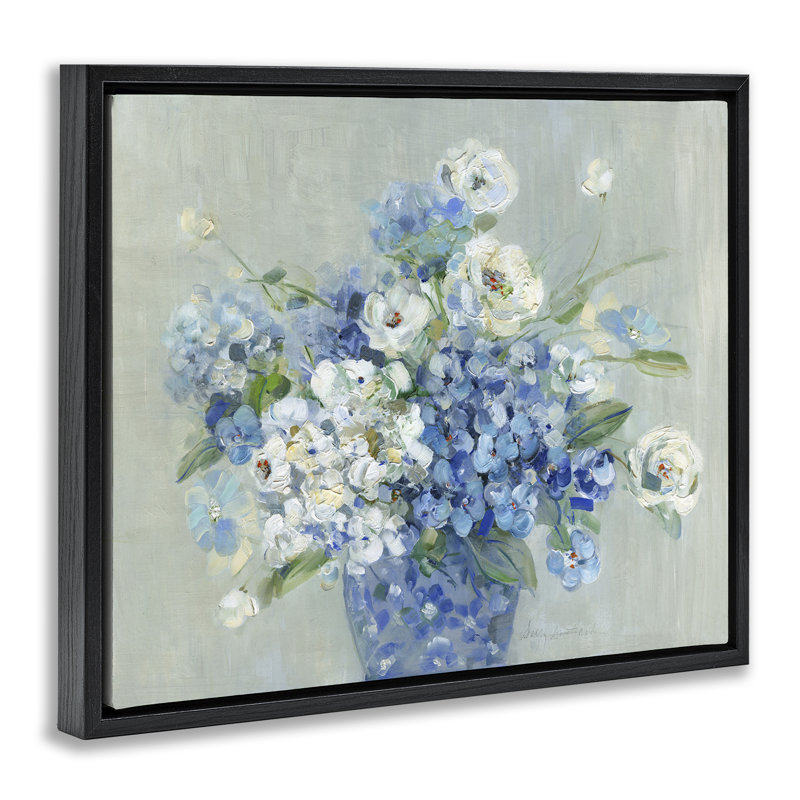 Cadre flottant Serene Blue and White Bouquet, design par Sally Swatland, H 17 po x l 21 po, Cadre flottant noir de jais