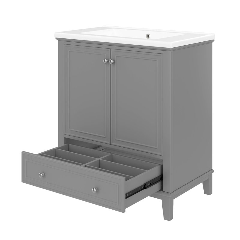 Ensemble de meuble-lavabo avec lavabo, armoire de salle de bain multifonctionnelle avec portes et tiroir, structure solide et panneau de fibres à densité moyenne