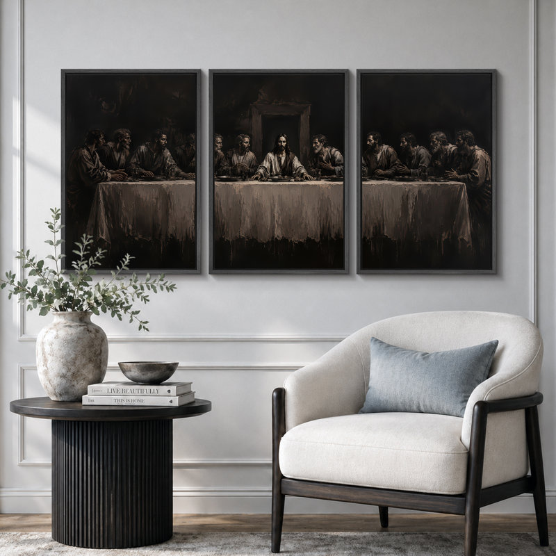 «Classic Classic Gathering At Long Table», art de la salle de prière, impression sur toile encadrée, 3 pièces, Cadre noir