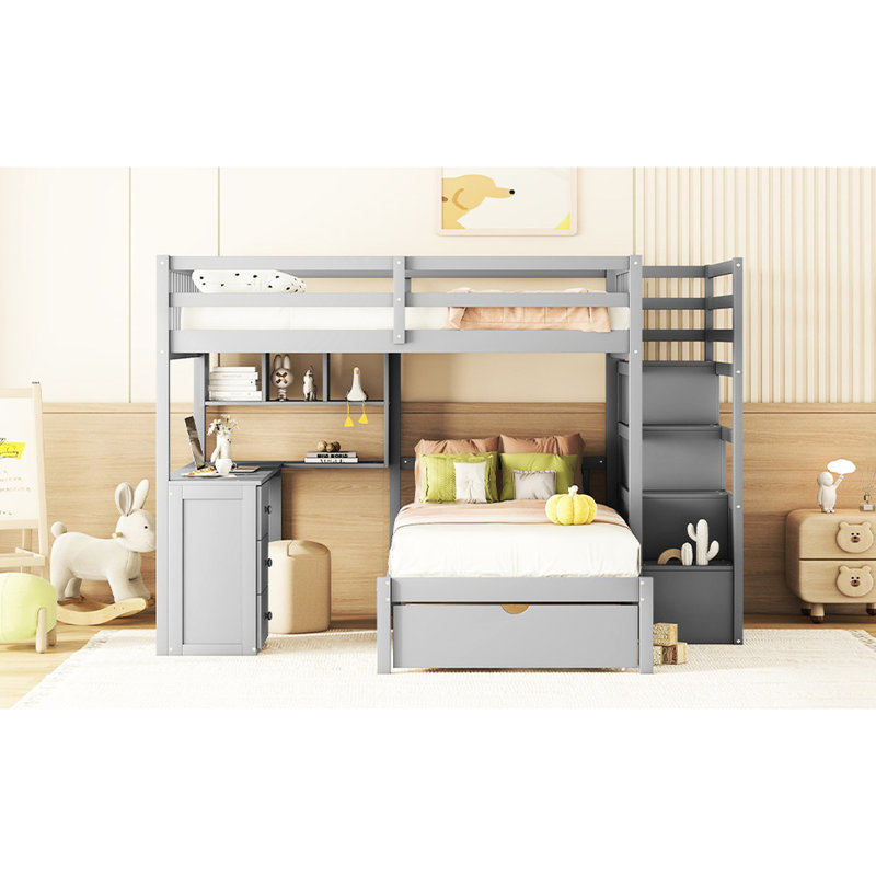 Lit superposé gris avec bureau et rangement