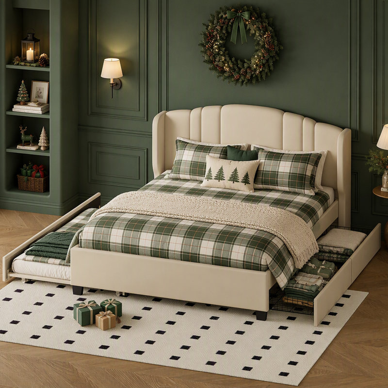 Lit plateforme tapissier avec tête de lit à oreilles, un lit gigogne simple et 2 tiroirs pour un sommeil confortable et un rangement efficace, aucun sommier nécessaire