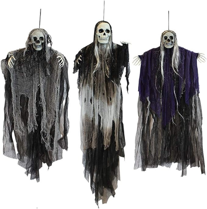3PCS Hanging Skeleton Ghost Decorations – Halloween Hanging Grim Reaper Props for Haunted House, Indoor & Outdoor Party Decor