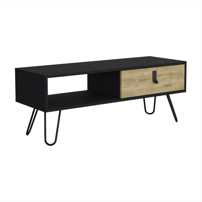 Table basse avec tiroir de rangement et tablette ouverte, plateau rectangulaire en bois d'ingénierie, pieds en épingle à cheveux en acier, largeur de 40,9 pouces