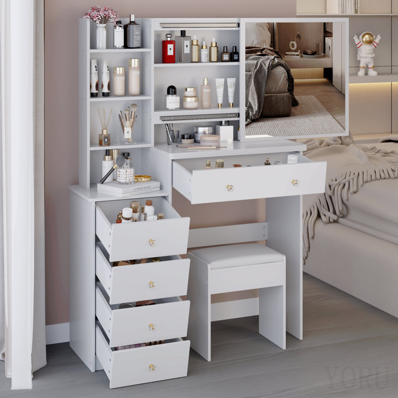 37" Left Bedside Cabinet Dressing Table + Cushioned Stool, Extra Large Right Sliding Mirror, Multi Layer High Capacity Storage, Practical Fashionable Makeup Vanity Table Set, Epa, Gcc, Ul Certificate
