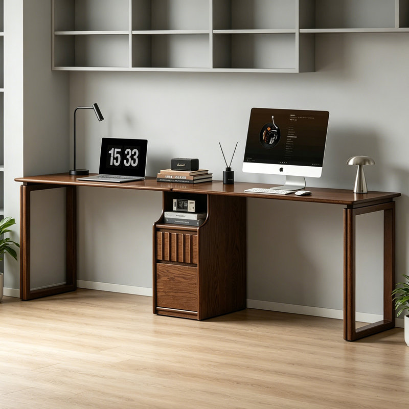 Dark brown oak double-persono computer desk, 29.52" H x 94.48" W x 22.04" D