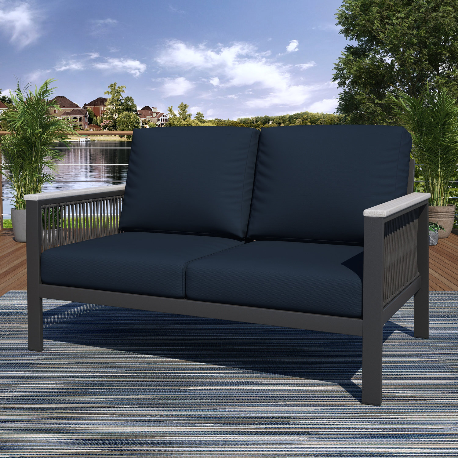 Townsend 55" Sunbrella® Patio Loveseat, Canvas Navy Sunbrella® Canvas, Gray/Brown