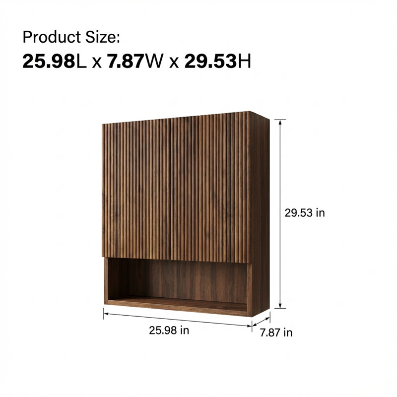 Wall-Mounted Striped Bathroom Storage Cabinet with Doors,Shelf,Open Compartment - Over-The-Toilet Organizer, Dark Walnut