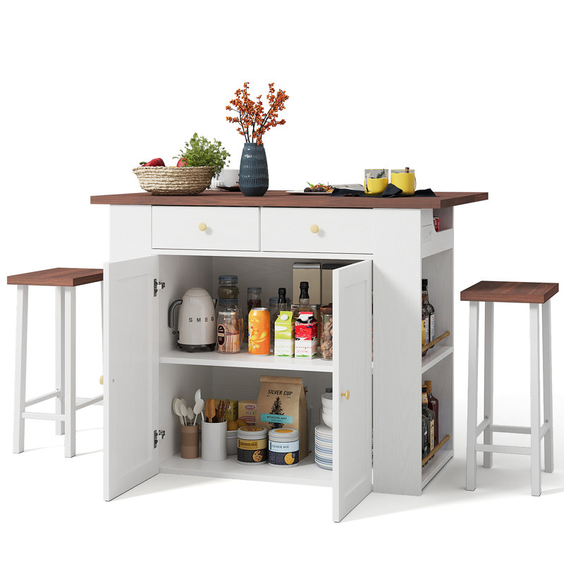 Ensemble d'îlot de cuisine 3 pièces Lujane, Bois brun, Blanc