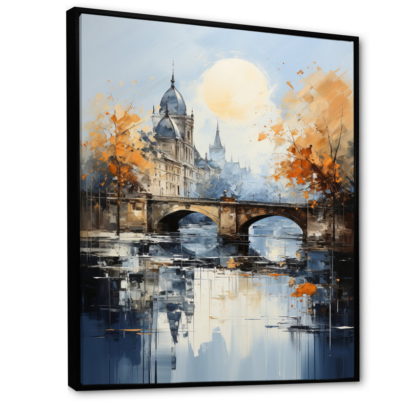 «Orange Bridge Abstracted Riverine an I», reproduction sur toile, H 40 po x l 30 po x P 1,5 po, Cadre flottant noir