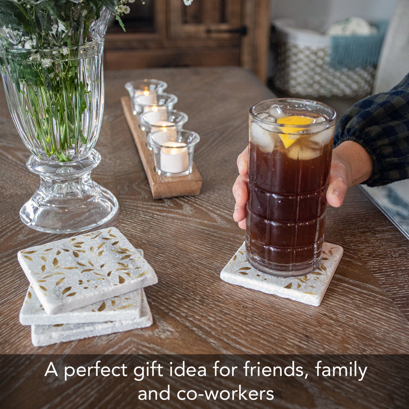 Gilded Vine Natural Marble Square Coaster Set with Cork Backing