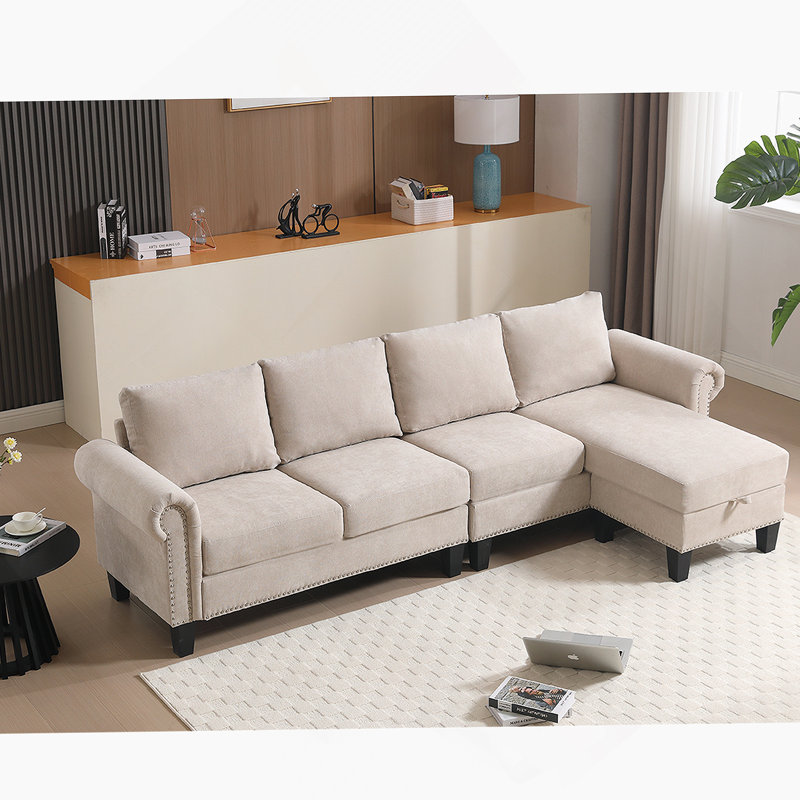 Canapé modulaire convertible avec rangement, canapé en L, canapé quatre places, Lin beige