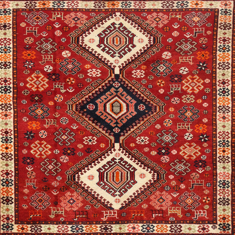 Tapis traditionnel rouge / noir / beige, Rond 8 pi