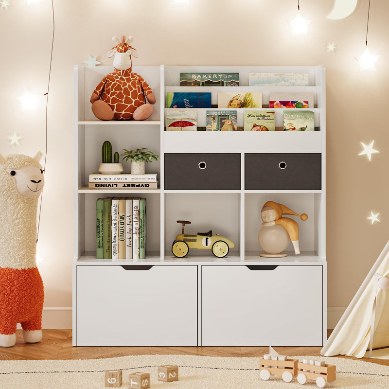 Rangement pour jouets 47,8 "avec tiroirs et casiers, bibliothèque moderne en bois pour salle de jeux, chambre d'enfant et salle de classe