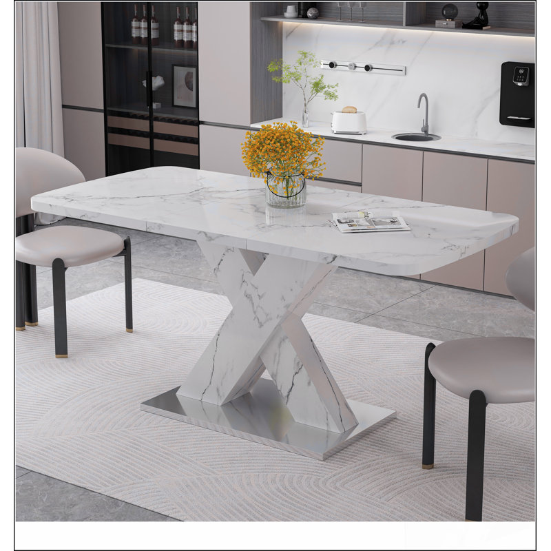 Table de salle à manger moderne carrée, extensible, avec plateau de table en marbre blanc imprimé et panneau de fibres à densité moyenne