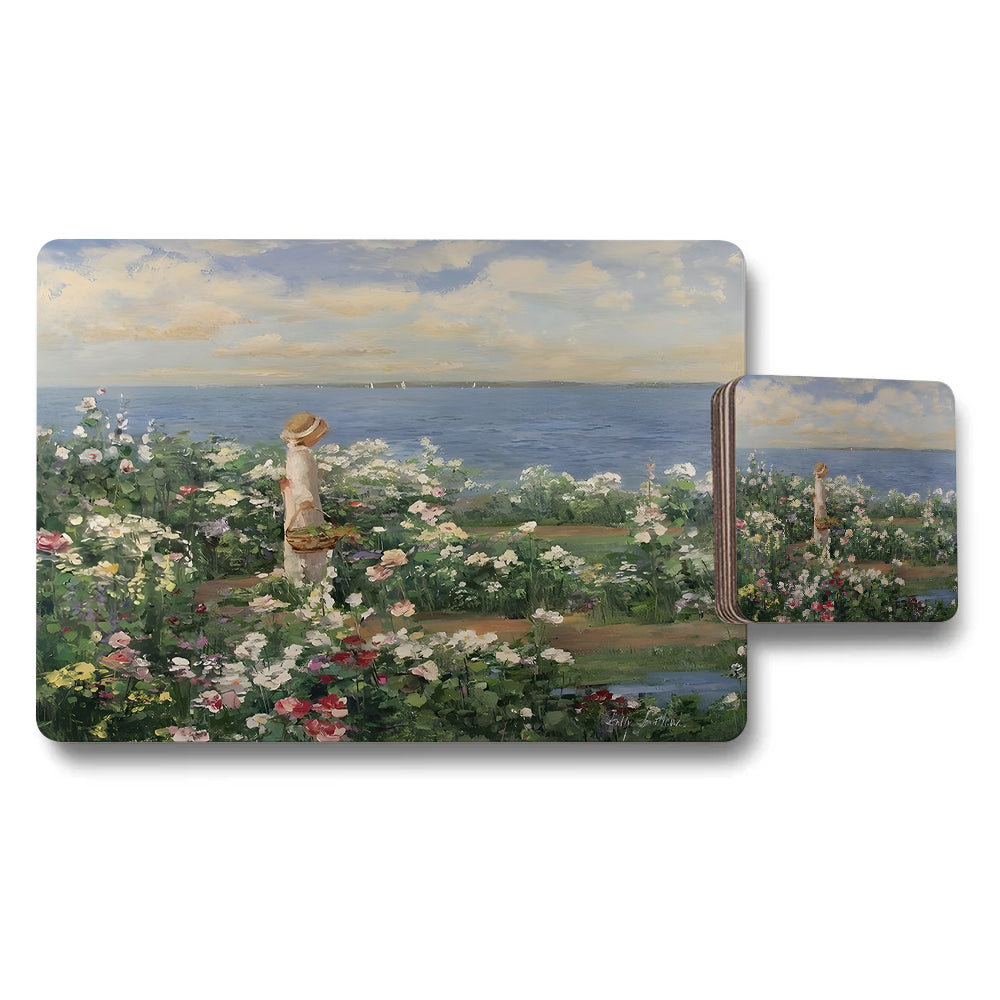 Impressionist Seaside Garden Placemat And Coaster Set With Floral Artwork