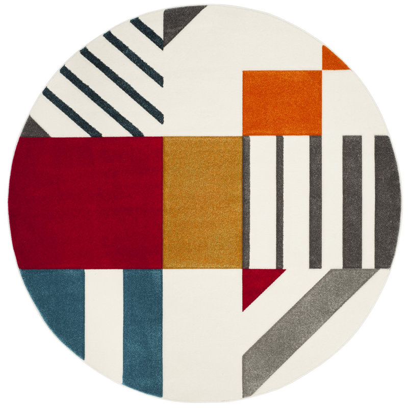 Tapis géométrique ivoire / bleu paon Garima, Rond 10 pi