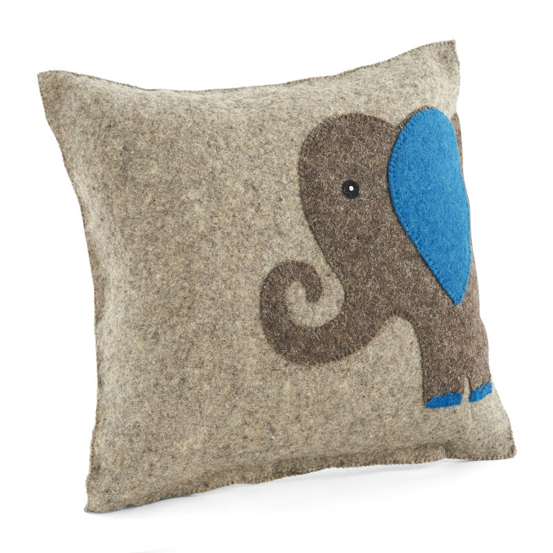 Handmade Gray and Blue Elephant Wool Pillow, 18"