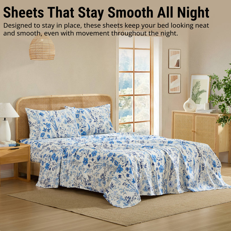 HLC.ME Blue Floral Bed Sheets - Wrinkle Resistant & Ultra Soft - Fits Mattresses up to 15 Inches Deep, King Sheet Set